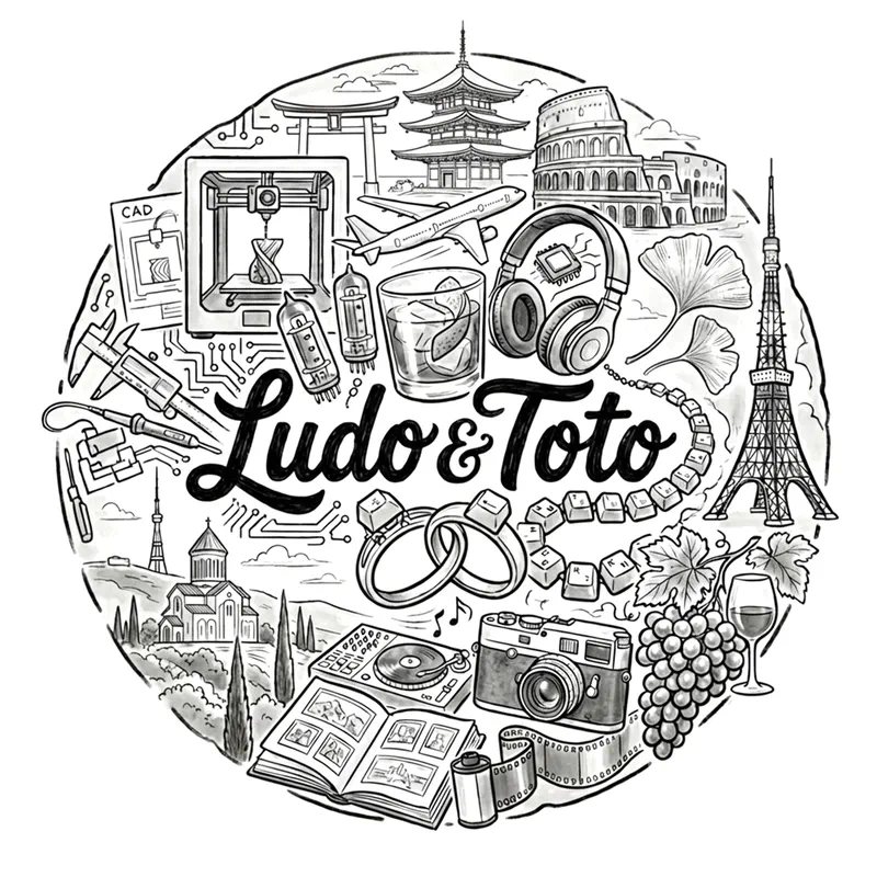 Black-and-white circular illustration connecting Ludo and Toto's life between Tokyo, Rome and Tbilisi through architecture, electronics, photography, music, travel and wine.